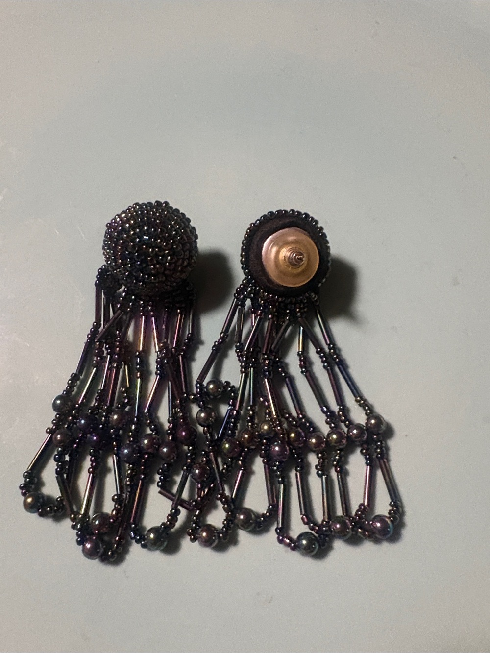 Iridescent Black Seed Bead Tassel Dangle Statement Earrings - 3.5"